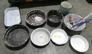 lot 108 image: Group of Enamelware - 4 strainers, mess plates, bake pan and kettle and some utensils