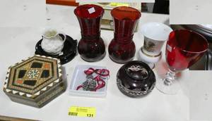 lot 131 image: Miscellaneous lot of red vases, goblet, small creamer, ashtray, santa necklace, wood box