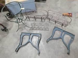lot 137 image: Rod iron side table, flower holders, and 2 bench frames from the North Star Foundry Mpls