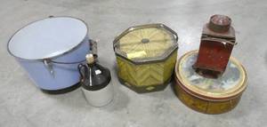 lot 148 image: Tins, Jug, old lantern and cast iron kettle with feet
