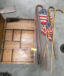lot 149 image: Group of wood stuff, large shadow box, canes, kettle stirrer and flags
