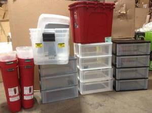 Pallet with assorted plastic storage bins and plastic containers with drawers customer returns see pictures