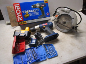 Ryobi 18V drill, battery, charger, ...