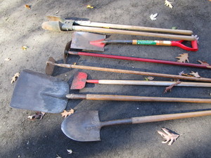 Posthole digger, shovels, garden ho...