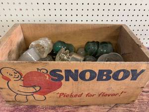 lot 66 image: Antique Snoboy Wood Box with Glass Insulators