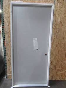 lot 413 image: Masonite 36 x 80 Steel Interior Utility Door In Grey, Single Bore, LH In-swing. - Scratch and Dent.