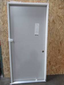 lot 414 image: Masonite 36 x 80 Steel Interior Utility Door In Grey, Single Bore, LH In-swing. - Scratch and Dent.