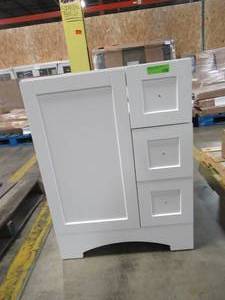 lot 311 image: The Glacier Bay Lancaster 24 in. W Vanity in White (No Top, Item Damaged See Photos) Model # LC24P2-WH