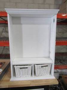 lot 319 image: 21 in. x 29 in. Wood Surface Mount Medicine Cabinet with Baskets in White with Beveled Mirror (Door broken, Needs Repairs)
