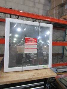 lot 320 image: Home Decorators Collection 24 in. W x 24 in. H Fog Free Framed Surface-Mount Tri-View Bathroom Medicine Cabinet (mirror broken needs repairs)