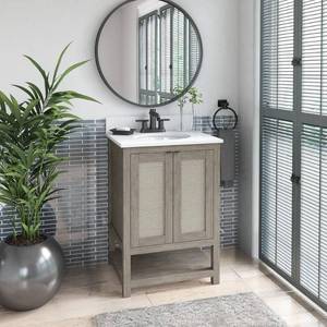 lot 337 image: Twin Star Home 24 in. Bath Vanity in Barstow Acacia with Coastal Linen Doors and Vanity Top in White Stone (Top Has Crack See Photos)