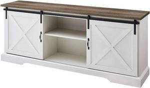 lot 457 image: Walker Edison Nathaniel Modern Farmhouse Sliding X Barn Door TV Stand for TVs up to 80 Inches, 70 Inch, Brushed White and Rustic Oak, W70SBDROBRN.