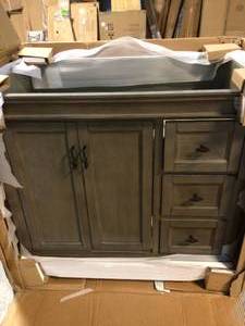 Naples 36 in. W Bath Vanity Cabinet Only in Distressed Grey with Left Hand Drawers by Home Decorators Collection Customer Returns See Pictures
