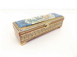 Vintage Inlayed Bone Embossed Enamel Peacock 8 Wood Trinket Box