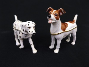 Lot of 2 Enamel Hinged Dog Trinket Boxes