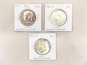 3 High Grade 1964 P, D, and Proof Kennedy Silver Half Dollars