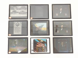 Lot of 9 Antique Patriotic 4 x 3 Magic Lantern Glass Color Photo Slides