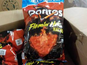 lot 307 image: 8 Large Bags 2 Cases Doritos Flamin...