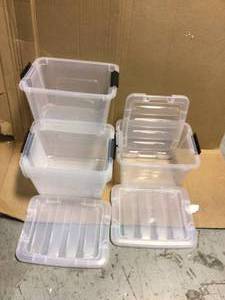 lot 71 image: IRIS 17 Qt. Stack and Pull Nesting Storage Tote, with Black Latching Clips, in Clear, (5 Pack)&nbspCustomer Returns See Picutres