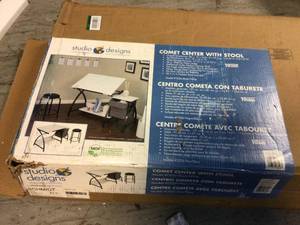 lot 6 image: Comet 50 in. W x 23.75 in. D x 29.5 in. H MDF Craft Table with Adjustable Top, 3 Pull-Out Drawers and Stool,&nbspCustomer Returns See Picutres