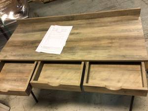 lot 39 image: Welwick Designs 42 in. Grey Wash Rectangular 3 -Drawer Writing Desk with Storage&nbspCustomer Returns See Picutres