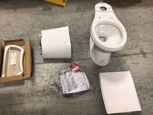 lot 107 image: Glacier Bay 10 in. Rough-in 2-Piece 1.28 GPF High Efficiency Single Flush Round Front All-in-One Toilet in White, Seat Included