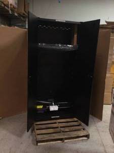 lot 115 image: Husky Heavy Duty Welded 20-Gauge Steel Freestanding Garage Cabinet in Black (36 in. W x 81 in. H x 24 in. D) missing keys slight damage see pictures