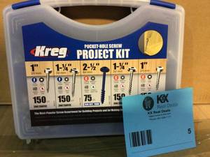 lot 5 image: Kreg 1 in. to 2-12 in. Square Drive Round Head Pocket-Hole Screw Kit (675-Pack) Customer Returns See Pictures