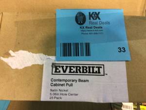 lot 33 image: Everbilt Contemporary Beam 5-116 in. (96 mm) satin nickel Classic Cabinet Pull (25-Pack) Customer Returns See Pictures
