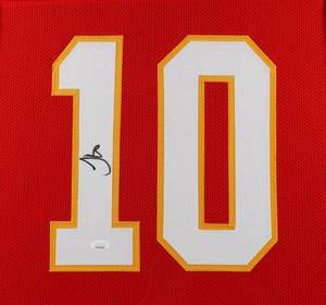 lot 0 image: Large Kansas City Chiefs Tyreek Hill Signed Red Pro Style Jersey, Framed and Matted with Photos 35 x 43