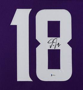 lot 0B image: Large Minnesota Vikings Justin Jefferson Signed Red Pro Style Jersey, Framed and Matted with Photos 35 x 43