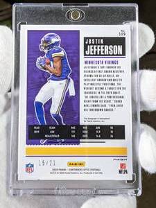 lot 106 image: Justin Jefferson Contenders Optic FOTL Purple Pulsar Autographed # 1521 Football Rookie Card