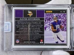 lot 105 image: Justin Jefferson One 11 Autographed NFL Nike Swoosh Patch Football Rookie Card
