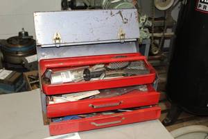 lot 485 image: Tool Box  with Threaded Rods, File, Bolts, Misc. Hardware