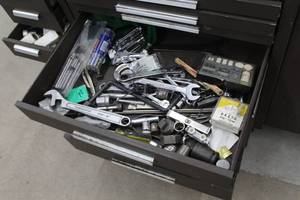 lot 1073 image: Lot of (1 Drawer) Crescent Wrench, Combination Wrenches, Sockets, Ratchet Wrench, Stapler, Black&Decker Multitool Set, Misc Hardware