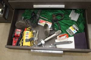 lot 1074 image: Lot of (1 Drawer) Wall Senser, Voltage Tester, Snips, Clamp, Collet, Misc. Hardware