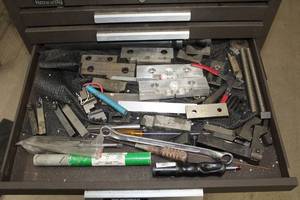 lot 1079 image: Lot of (1 Drawer) Alignment Blocks, Box End Wrench, Misc. Tools and Hardware