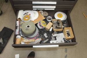 lot 1080 image: Lot of (1 Drawer) Grinding Wheels, T-Handle Allen Wrenches, Alignment Blocks, Alignment Pins, Misc. Hardware