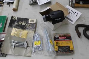 lot 1147 image: Misc. Tools and Hardware  with Replacement Battery, Lag Screws, Miter Bolt Kit, 18 Chainsaw Chain, Chainsaw Blade