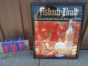 NOS Asbach-Uralt Brandy wood framed sign. 18 x 22. As shown.