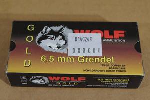 lot 47 image: 20 Wolf Gold 6.5mm Grendel 123 Gr Copper SP Brass Case Ammo