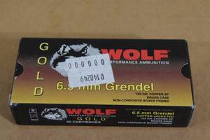 lot 49 image: 20 Wolf Gold 6.5mm Grendel 123 Gr Copper SP Brass Case Ammo