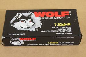 lot 56 image: 20 Wolf 7.62 x 54R 148 Gr Copper FMJ Ammo