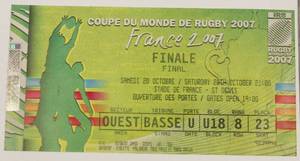 France 2007 Rugby  World Cup Final Ticket And VIP Pass