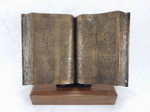 lot 3 image: Vintage 1990 Wally Schoop Limited Edition Bronze Gutenberg Bible on Walnut Base