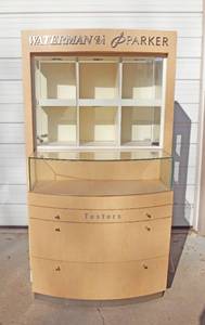 lot 12 image: Large Waterman Parker Lighted Rolling Locking Display Cabinet