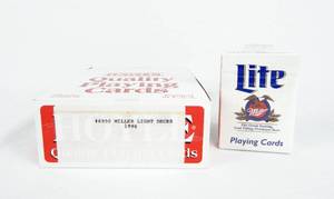 lot 104 image: Box of 12 Vintage 1996 Hoyle Miller Lite Poker Size Playing Card Decks