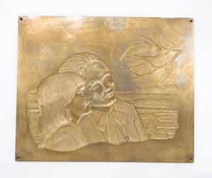 lot 134 image: Vintage Woman and Girl Looking at Birds Brass Embossing Plate