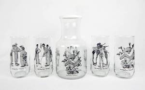 lot 56 image: Vintage Norman Rockwell Sporting Boys Carafe and Glass Set