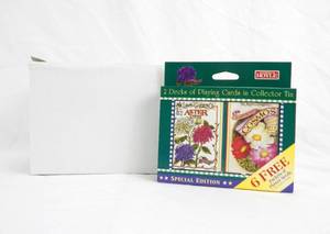 lot 171 image: Box of 12 Vintage 1997 Northrup King Antique Seed Packs Tin and Two Deck Playing Card Sets